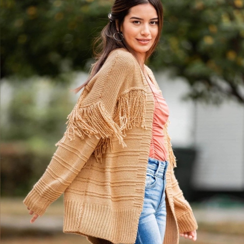 Willow & Root Mustard Fringe‎ Cardigan Sweater Size M Boho Western Knit